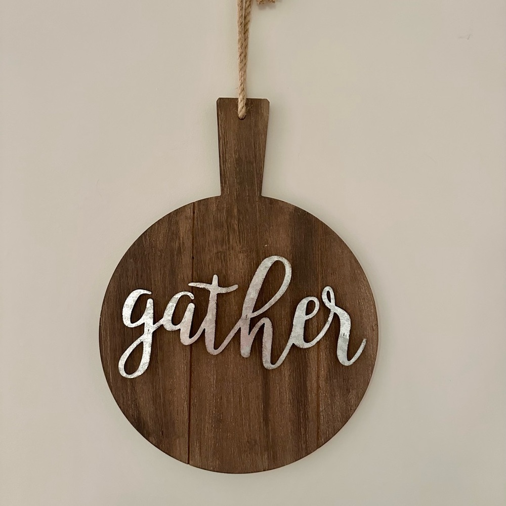 Wooden Wall Hanging with Silver 'Gather' Text